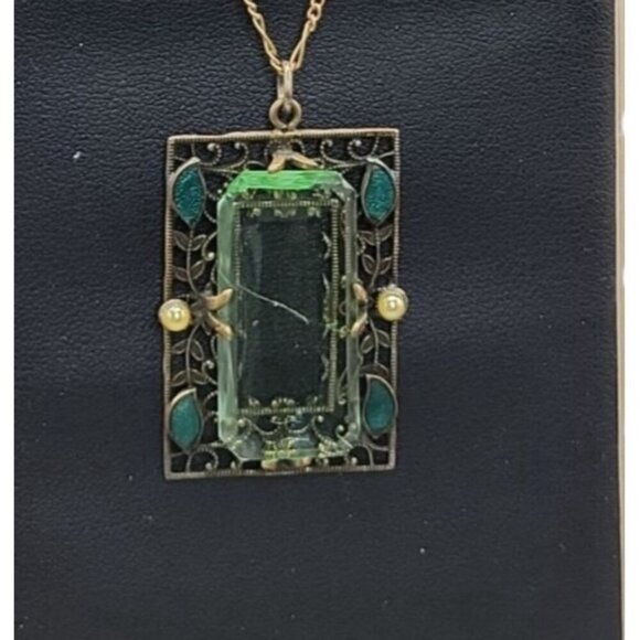 Artistry Green Glass Filigree Framed Pendant Necklace Enamel & Faux Pearl Accent - Picture 6 of 16